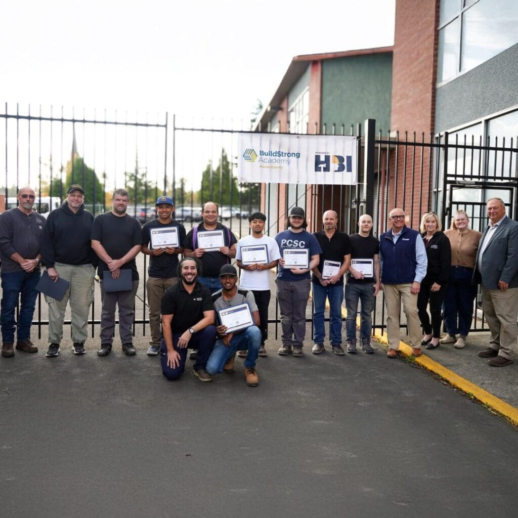 Group of people standing together outside holding certificates in front of a building and banner.